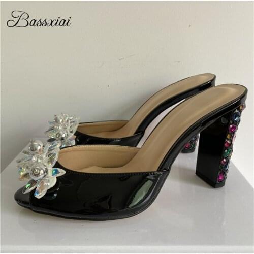 Beaded Crystal Air Mesh Flower Sandals Women Diamond High Heel Slingbacks Peep Toe Rhinestone Summer Mules For Girls