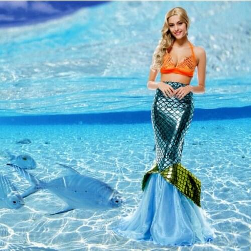 Sexy Adult Womens Halloween Carnival Mermaid Cosplay Costume New Listing Sexy Sequin Bra + Dress Suit