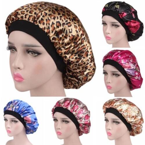 HOT Women Satin Floral Night Sleep Cap Beanies Hair Bonnet Hat Silk Head Cover Wide Elastic Band Berets Caps