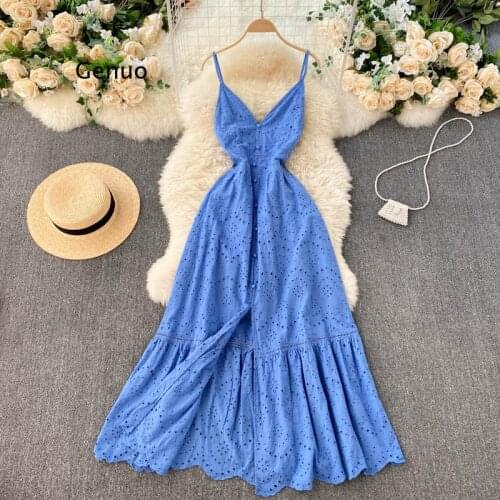 Women Bohemian Dresses Summer Hollow Long Sexy Deep V-Neck Buttoned Slimming Split Ruffled Large Swing Holiday Suspender Skirt