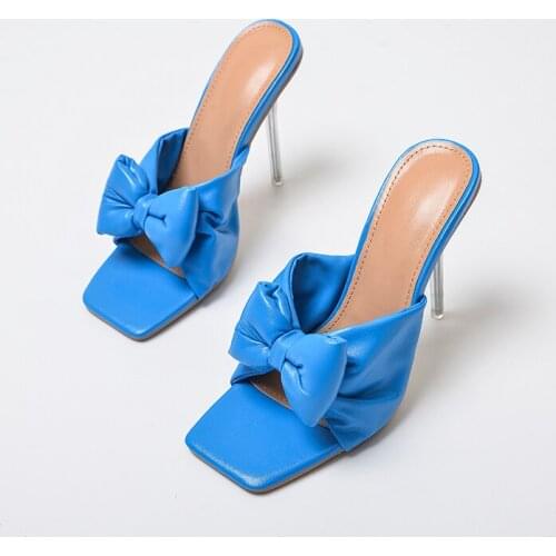 2021 New Summer Women Slippers Sandals Fashion Butterfly-Knot PU leather Womens Pumps Mules Sexy Transparent Heel Party Shoes