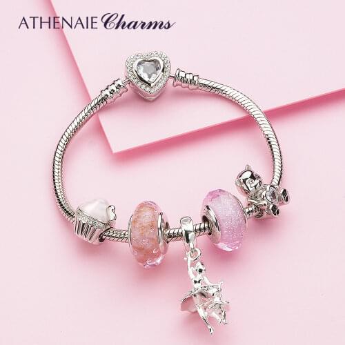 ATHENAIE S925 Sweet Childhood Memories Charms Bracelet 100% 925 Sterling Silver Pink Murano Glass Bead Bear Charm Fit Women Girl