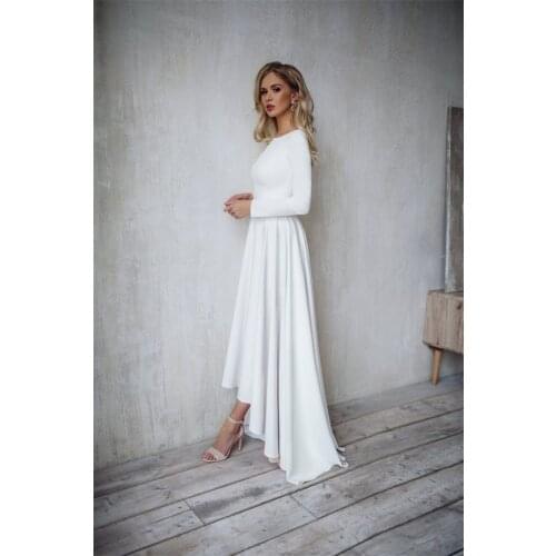 2021 New arrival Satin High/Low Wedding Dresses Long Sleeves O-Neck Bridal Gowns Simple vestido de noiva robe de mariee