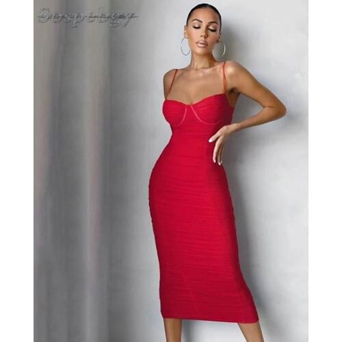 New Womens Summer Sling Long Dress Bodycon Bandage Folds Black Red Green Elegant Celebrity Runway Party Dress Vestidos 2021