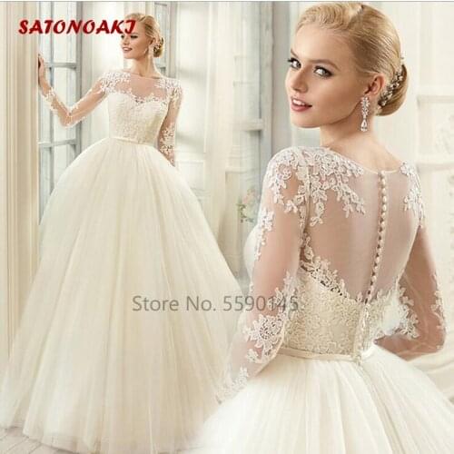 2020 New Lace Appliques Wedding Dress Long Sleeves Beautiful See Through Button Back Bridal Gown Vestido De Novia Undefined