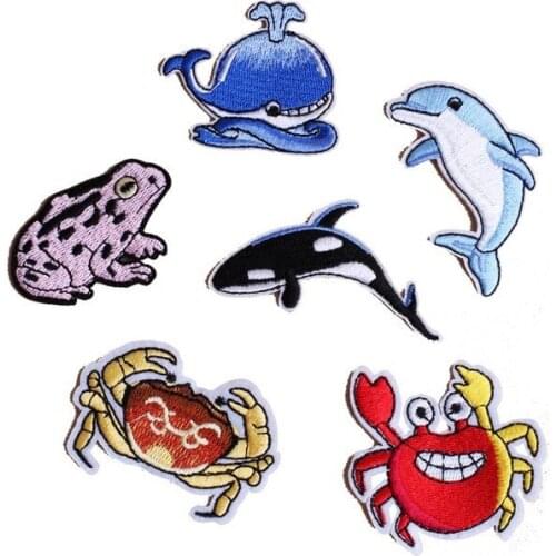 100pcs/lot Embroidery Patch Whale Dolphin Crab Frog Clothing Decoration Sewing Accessories Diy Iron Heat Transfer Applique