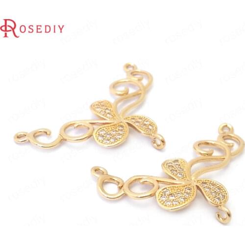 39084)6PCS 23x35MM 24k Champagne Color Brass and Zircon Curved Flower Vine Charms Pendants Jewelry Making Diy Accessories