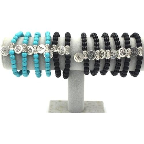 8mm jj5 elastic adjusted nature stone Frosted agate Onyx black volcanic lava turquoise Lotus life tree Buddha Bracelet