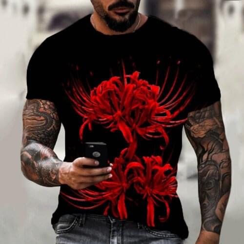 Black T-shirt 2021 Summer Brand New 3d Printing Higan Flower Harajuku Short Sleeve Fashion Sports Top Jogging Mens Clothing