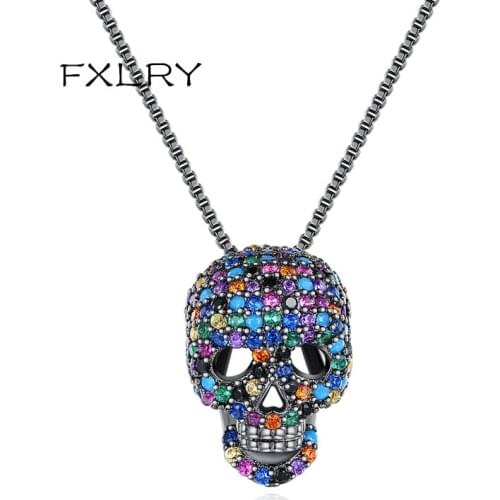 FXLRY European and American fashion multicolor Cubic zirconia personality skull pendant necklace for women Jewelry
