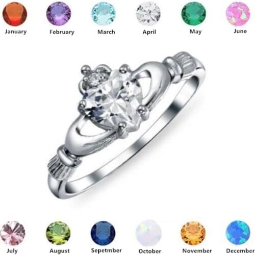 Huitan Love Heart Birthday stone Ring Silver Plated Irish Claddagh Wedding Engagement Rings for Women Best Gift For Girlfriend