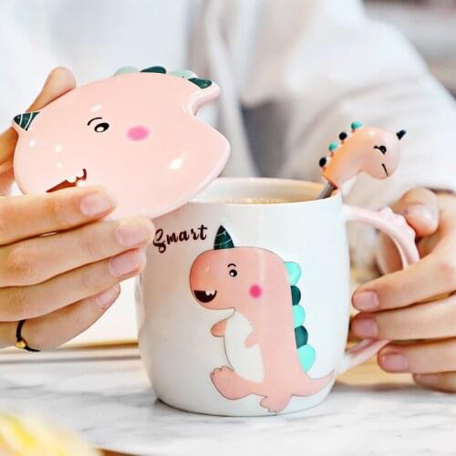 Ceramic Mug Coffee Cup Cute Breakfast Cups Office Spoon with Lid Cartoon Drinking Couple Water Cup