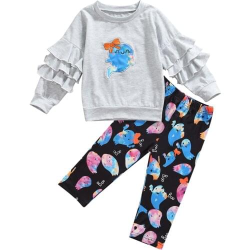 Lioraitiin 1-6Years Toddler Baby Girls Halloween Two-piece Clothes Set Grey Round Collar Pullover and Black Trousers