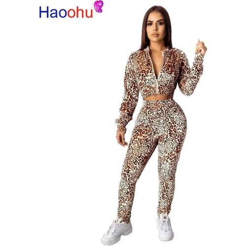 Leopard Sexy 2 Piece Set Sweatsuit Women Clothes Long Sleeve Front Zipper Bomber Jacket and Bodycon Pants Plus Size Fall Outfits