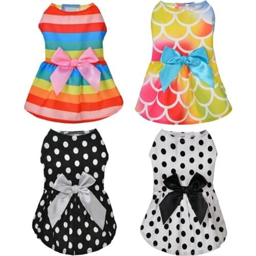 Summer Rainbow Dress for Small Dogs Cute Floral Pet Dog Wedding Dress Puppy Clothes for Chihuahua Yorkes Bowknot Cat Costume