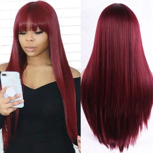 LINGHANG Long Straight Red Wig With Bangs Synthetic Hair Wigs Heat-Resistant Lolita Cosplay Pink Wigs For Women