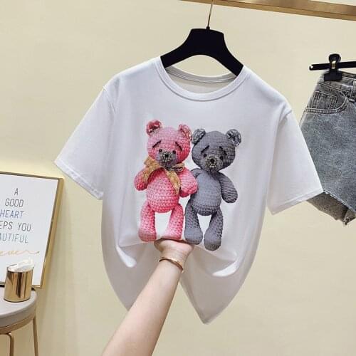 Bear print Women T-shirt Harajuku Oversize Short-Sleeved Women Cotton Loose Korean Female Clothes