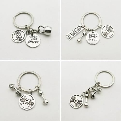 Fashion Charm Fitness Equipment Model Pendant Keychain Never Give Up Keyring Discus Dumbbell Gym Souvenir Man Woman Bag Party