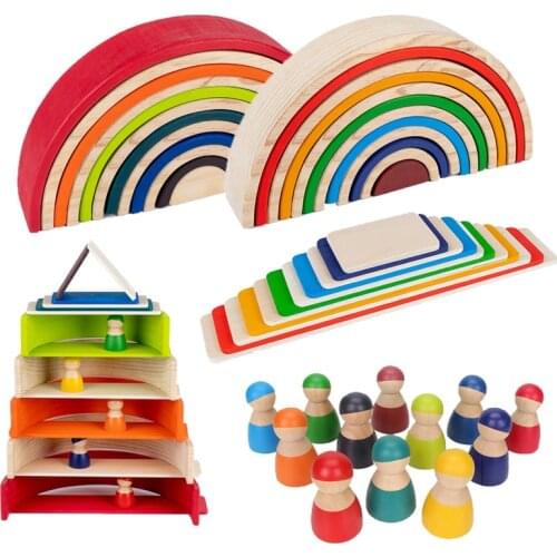 New Rainbow Blocks Wooden Rainbow Stackers Natural Wood Grimms Doll Rainbow Arch Building Blocks for Kids Early Learning Toys
