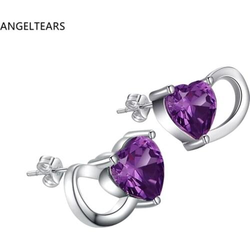 Wholesale low price silver color heart-shaped purple zircon stud earrings fashion cute party jewelry for women drop shipping