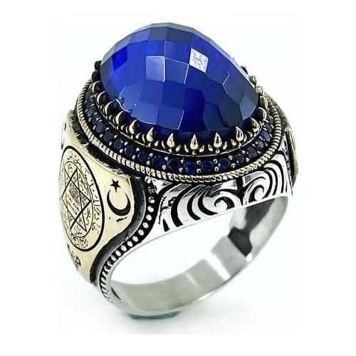 Oval Sapphire Solomon Seal Top Quality Silver Men 'S Ring