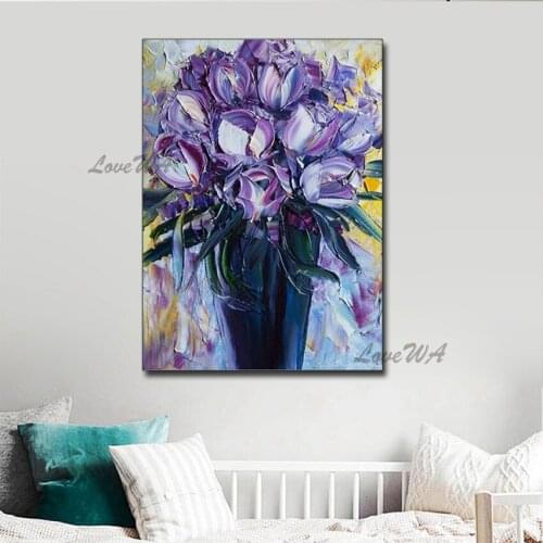 Palette Knife 3D Thick Texture Purple Flower Oil Painting Modern Handmade Canvas Wall Art Pictures Home Living Room Decoration
