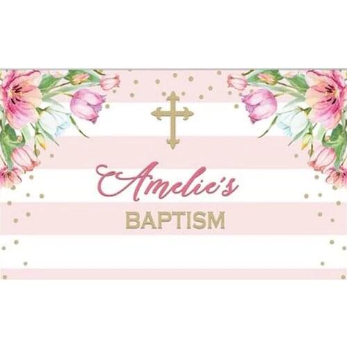 Custom Baptism Floral Flower Leaves Polka Dot Crucifixion Pink Striped backgrounds Computer print party photo backdrop