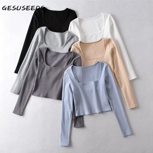 Casual t shirt women spring long sleeve shirt korean square neck top ribbed cotton cropped t shirt black slim t shirts white