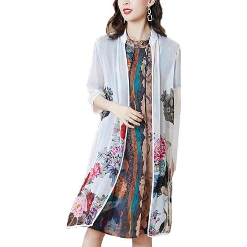 Mid-length Sun Protection Clothing Women Coat Summer 2021 New Chiffon Printing Trench Coat Cardigan Shawl Thin Outerwear Female