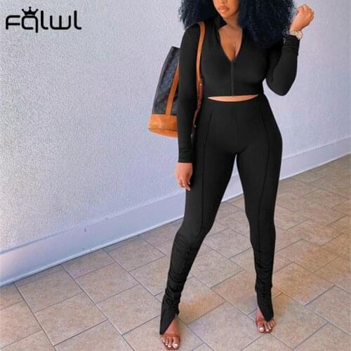 FQLWL Streetwear 2 Two Piece Set Tracksuit Women Long Sleeve Crop Tops Skinny Pants Suits Black Bodycon Activewear Matching Sets
