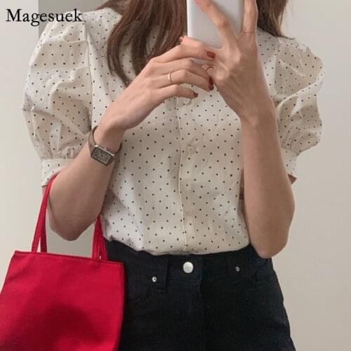 Korean Chic Ploka Dot Print Shirt Women Vintage Short Sleeve Loose Shirts Single-breasted Fashion Woman Blouses Clothes 14480