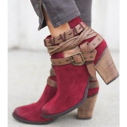 New Women Boots Spring 2021Autumn High Heels Shoes Female Rivet Buckle Daily Shoes Short Boots PU Leather Ankle Boots 35-43