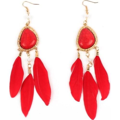 Feather Pendant Tassel Bead Imitation Stone Long Drop Earrings for Women Florate Brand Wholesale Gold Dangle Statement Jewelry