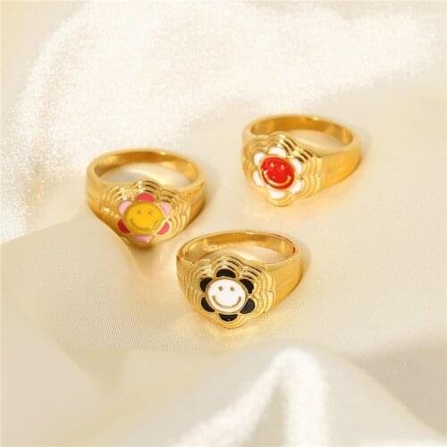 HelloLook Sun Flower Rings for Women 18K Gold Plated Stainless Steel Smile Face Rings Waterproof Ring Jewelry