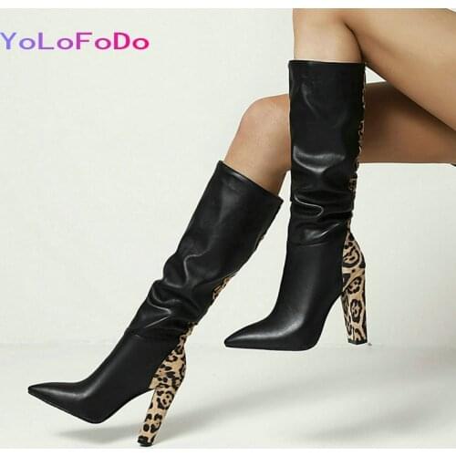 Fashion Pointed Toe Square High Heel Women Knee High Boots PU Leather Autumn Winter Ladies Boots Leopard Dress Modem Boots