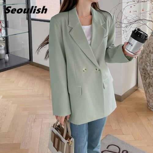 Seoulish Autumn Winter 2021 New Double-Breasted Womens Blazer Jacket Solid Elegant Long Sleeve Office Lady Casual Loose Outwear