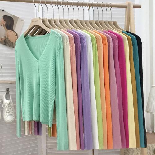Spring Summer Candy Colors Single-Breasted Thin Slim Cardigan Mujer Sweet Faux Ice Silk V-Neck Knitted Cardigan Women Coat