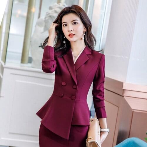 2019 Spring Autumn solid Skirt suit Women Red Elegant Office Lady Jacket Work Suit Casual Slim Ruffled Double Breasted blazer