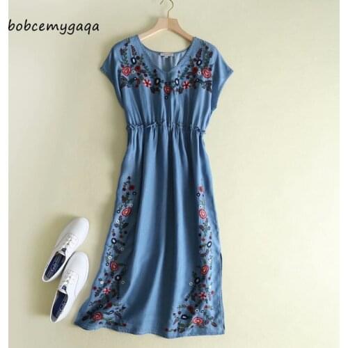 Floral Embroidery Denim Summer Dress Women High Waist Blue Long Dress Short Sleeve Long Jeans Elegant Dress Vestido Cotton
