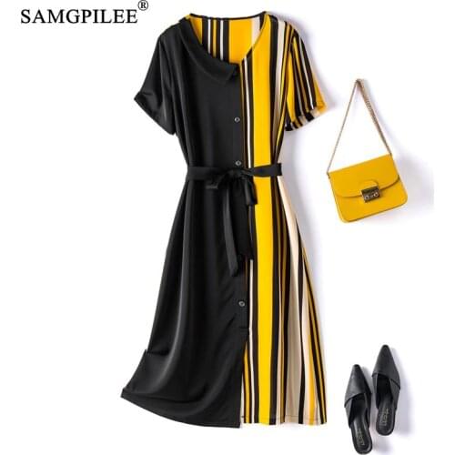 Summer Women Dresses 2021 New Side Stripe Stitching V-neck With Belt Slim Over The Knee Chiffon Dress For Woman Plus Size 4XL