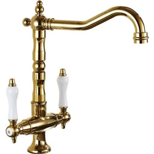 Doubl Handle Solid Brass European Style Golden Kitchen Faucet 360° Rotating Sink Hot and Cold Water Mixer Tap Duble Handle Crane