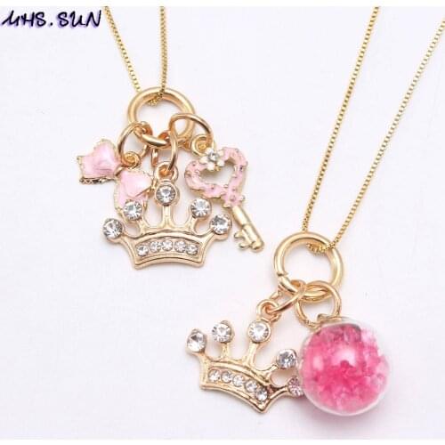 MHS.SUN cute girls fashion crown design pendant necklace diy gold color chain necklace for kids children charm jewelry party 1pc