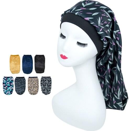 1PC Women Elastic Wide Edge Satin Long Hair Hat Sleeping Hats Wrap Night Cap Hair Care Bonnet for Women Men Unisex Cap Headwrap