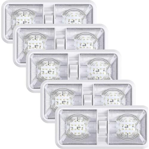 5 Pack RV LED 12v Ceiling Fixtupe Double Dome Light Reading Lamp for Car/RV/Trailer/Camper/Boat Natural White 4000-4500K