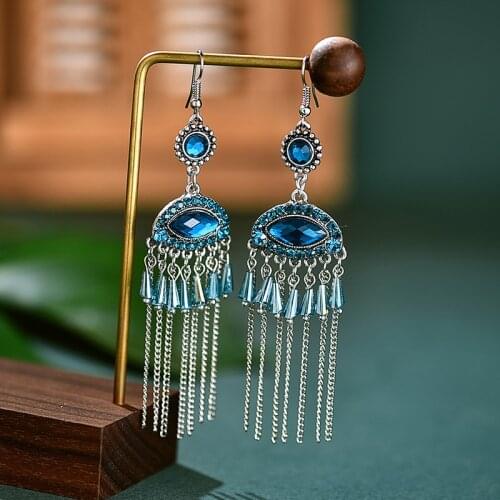 Boho Gypsy Vintage Blue Evil Eye Indian Earrings For Women Ladies Retro Tassel Jhumka Earrings Orecchini Jewelry
