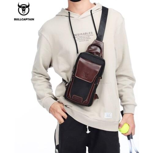 Brand Authorized Mens Genuine Cowhide Leather Canvas Chest Bag Mens Bag Casual Fashion Over Shoulder Bag Mens crossbody Bag