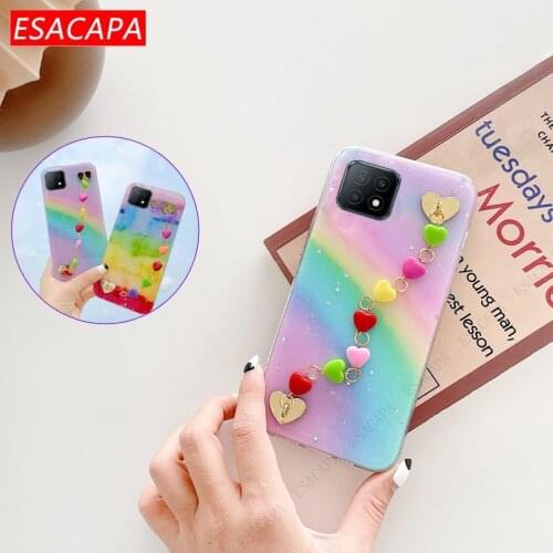 3D Love Heart Wrist Chain TPU Case For OPPO A93 A92 A72 A53 A32 A31 A9 A5 2020 A11X Glitter Rainbow Phone Cover For OPPO F17 Pro