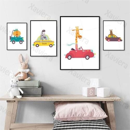 Cartoon Animal Canvas Painting Lion Giraffe Zebra Car Nordic Art Posters On The Wall Home Decoration Children Room Kindergarten