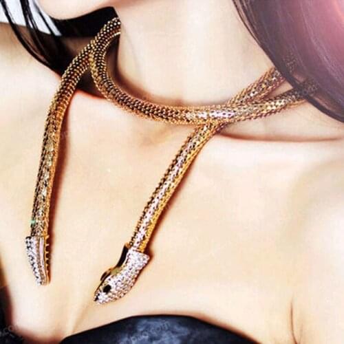 Punk Gold Silver Color Crystal Snake Necklace Women Gothic Rhinestone Long Chain Statement Necklace Female Jewelry Party Gift