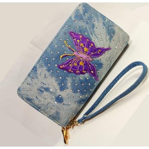 Phone Purse Women Wallets Denim Big Female Brand Retro Ladies Long Woman Wallets Card Clutch Double Zipper ladies wallet Diamond